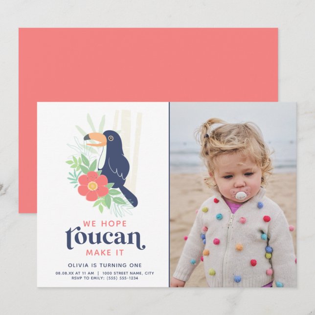 Toucan Tropical Palm Leaves Birthday Photo Invitation (Front/Back)