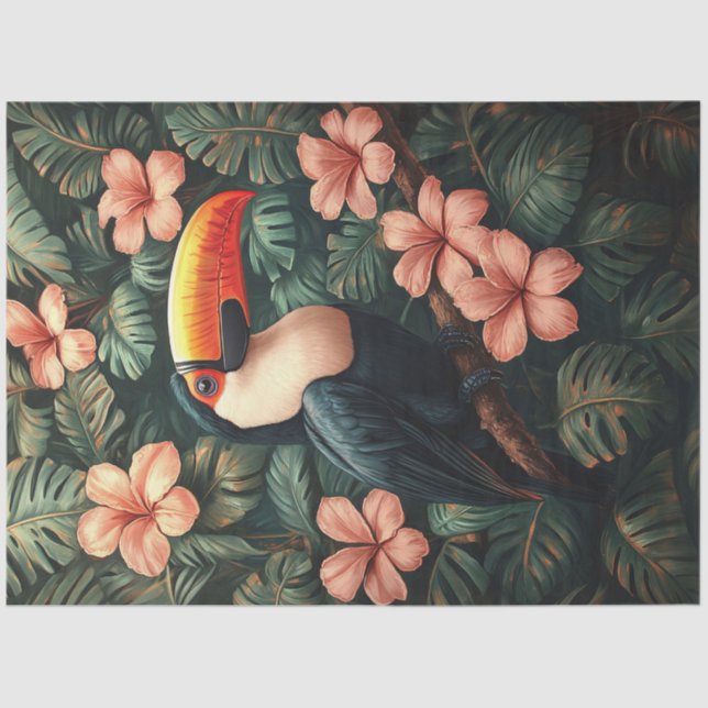 Toucan Tropical Pink Flowers Painting Decoupage Tissue Paper (Front)