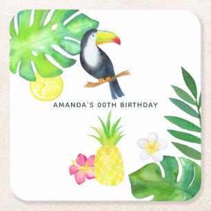 Toucan Tropical Watercolor Summer Birthday Square Paper Coaster