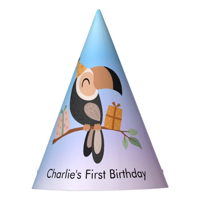 Toucan with gifts, birthday party hat (Front)