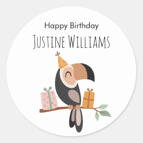 Toucan with party hat and birthday gifts classic round sticker