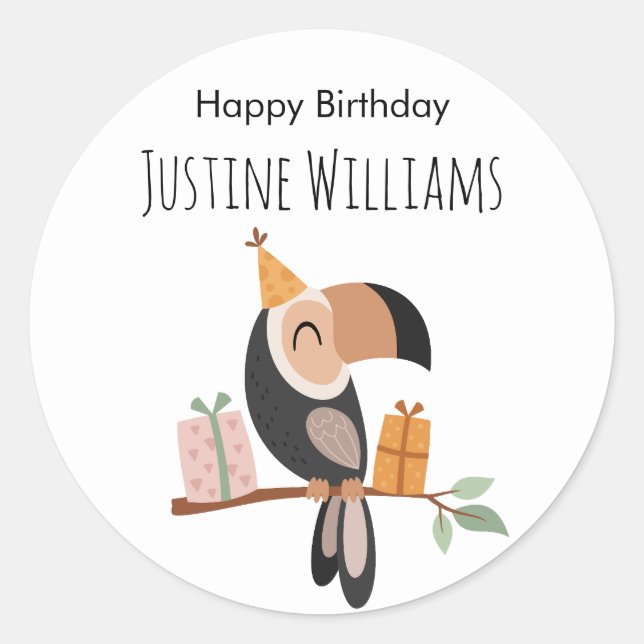 Toucan with party hat and birthday gifts classic round sticker (Front)