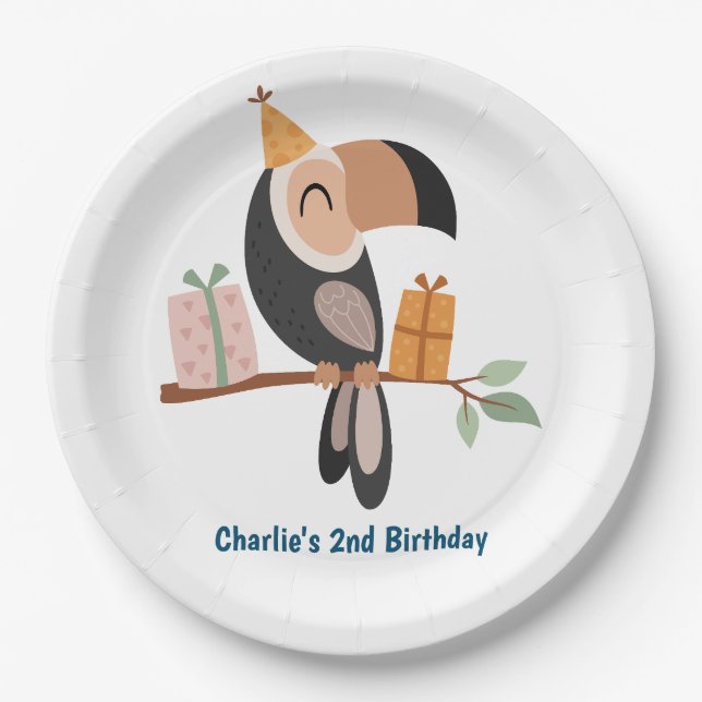 Toucan with party hats and gifts paper plates (Front)