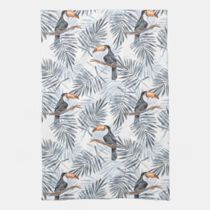 Toucanes and palm leaves. Gray Kitchen Towel