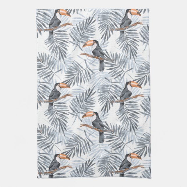 Toucanes and palm leaves. Gray Kitchen Towel (Vertical)