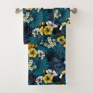 Toucans and tropical flora, blue , yellow , orange bath towel set