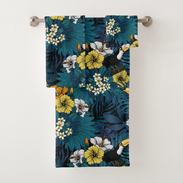 Toucans and tropical flora, blue , yellow , orange bath towel set (Insitu)