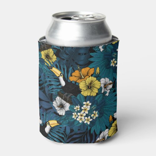Toucans and tropical flora blue  yellow  orange can cooler