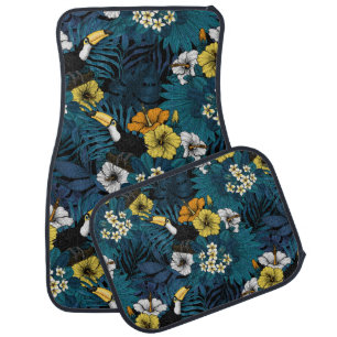 Toucans and tropical flora, blue , yellow , orange car floor mat
