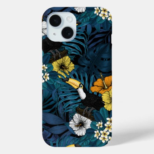 Toucans and tropical flora blue  yellow  orange iPhone 15 case