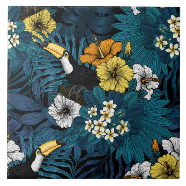 Toucans and tropical flora, blue , yellow , orange ceramic tile (Front)