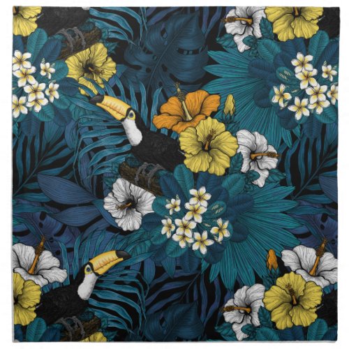 Toucans and tropical flora blue  yellow  orange cloth napkin