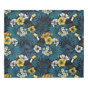 Toucans and tropical flora, blue , yellow , orange duvet cover
