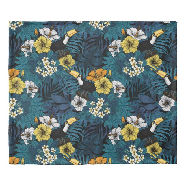 Toucans and tropical flora, blue , yellow , orange duvet cover (Front)