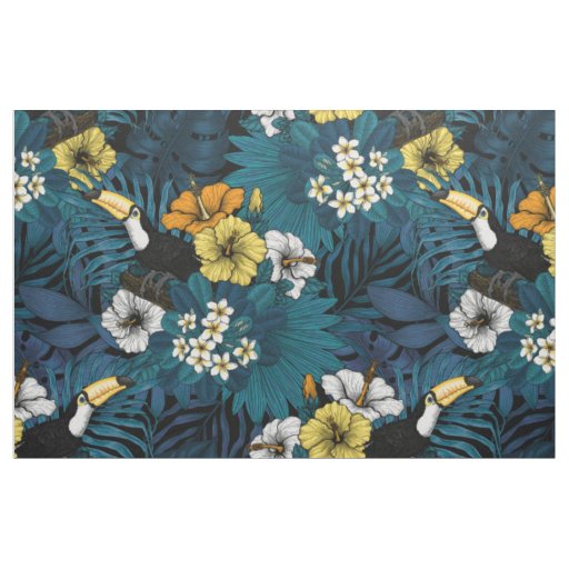 Toucans and tropical flora, blue , yellow , orange fabric
