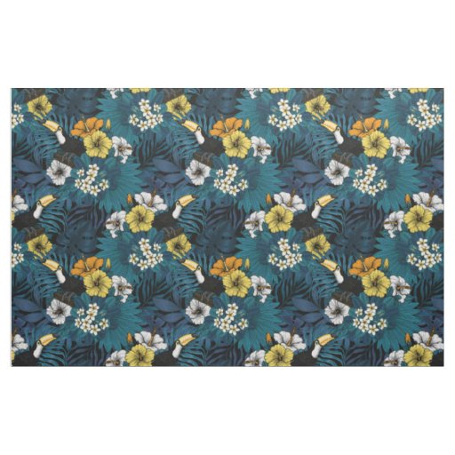 Toucans and tropical flora, blue , yellow , orange fabric