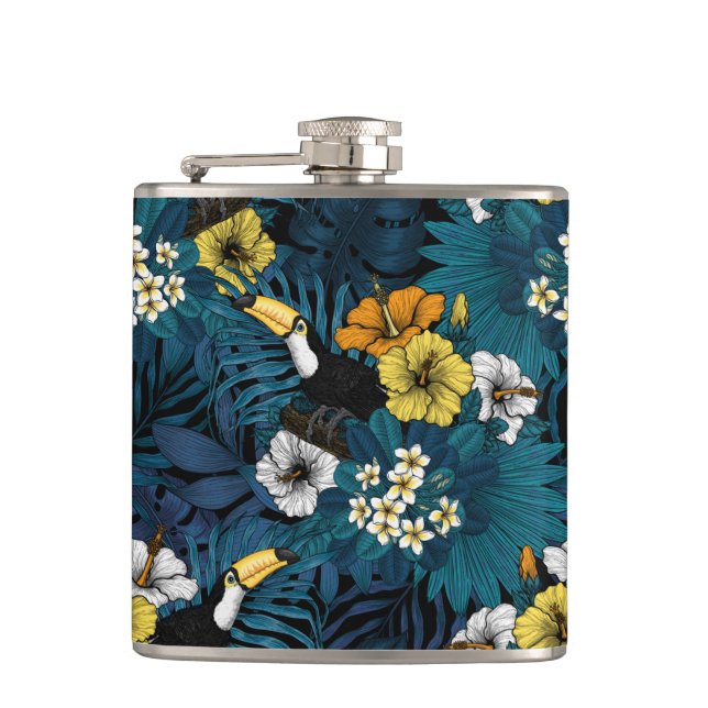 Toucans and tropical flora, blue , yellow , orange flask (Front)