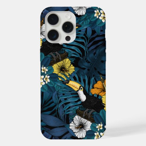 Toucans and tropical flora blue  yellow  orange iPhone 15 pro max case