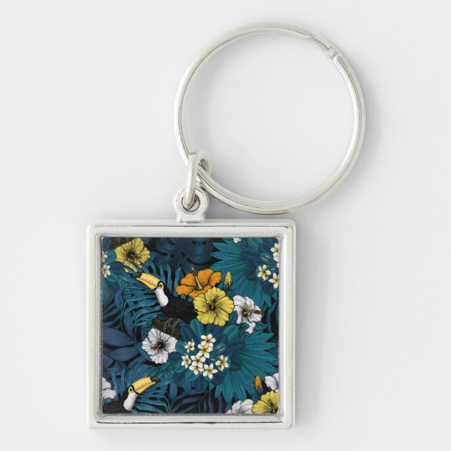 Toucans and tropical flora, blue , yellow , orange keychain (Front)