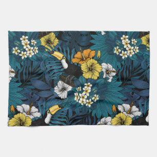 Toucans and tropical flora, blue , yellow , orange kitchen towel