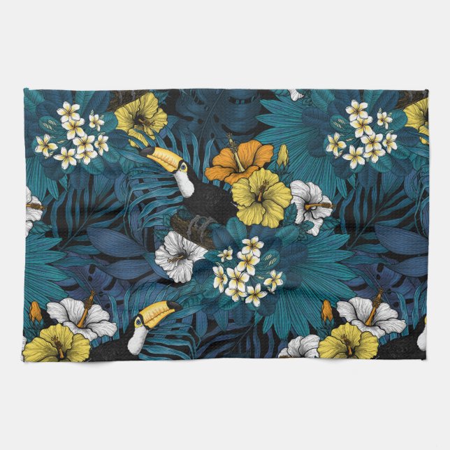 Toucans and tropical flora, blue , yellow , orange kitchen towel (Horizontal)