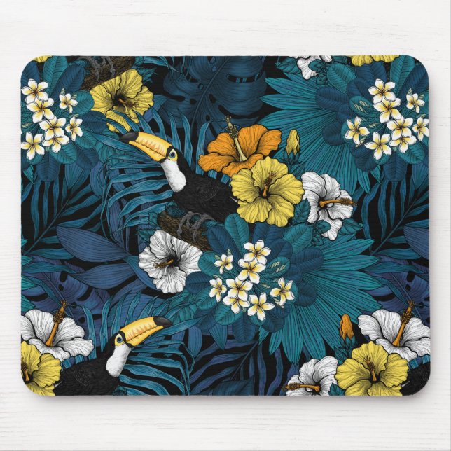 Toucans and tropical flora, blue , yellow , orange mouse pad (Front)