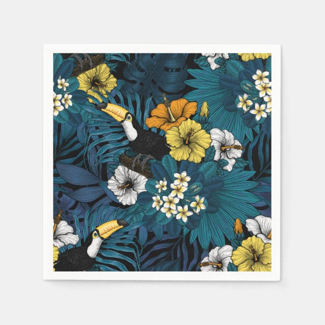 Toucans and tropical flora, blue , yellow , orange napkins (Front)