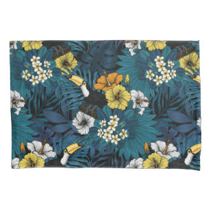 Toucans and tropical flora, blue , yellow , orange pillow case