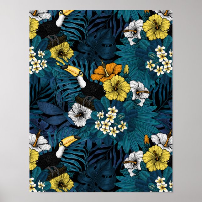 Toucans and tropical flora, blue , yellow , orange poster (Front)
