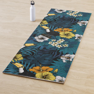 Toucans and tropical flora, blue , yellow , orange yoga mat