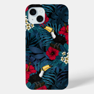 Toucans and tropical flora, green and red iPhone 15 plus case