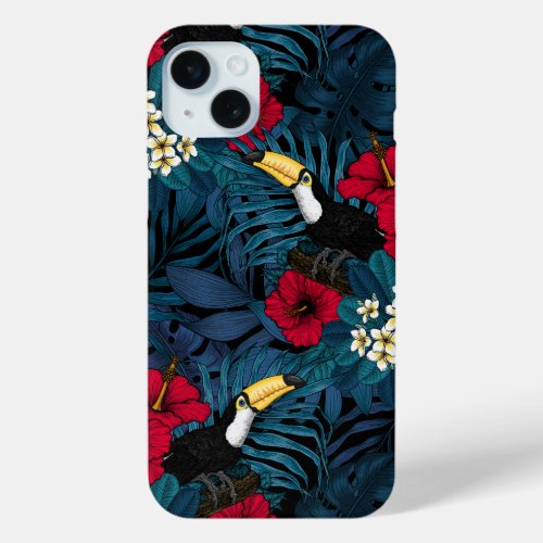 Toucans and tropical flora green and red iPhone 15 plus case