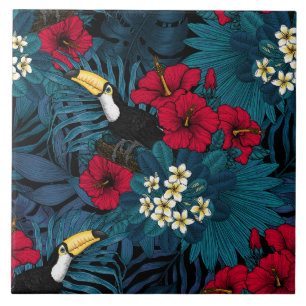Toucans and tropical flora, green and red ceramic tile