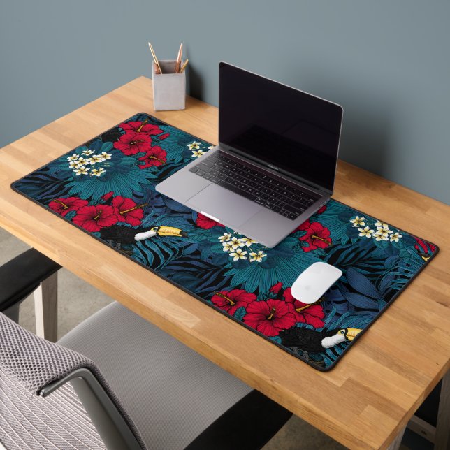 Toucans and tropical flora, green and red desk mat (Office 2)