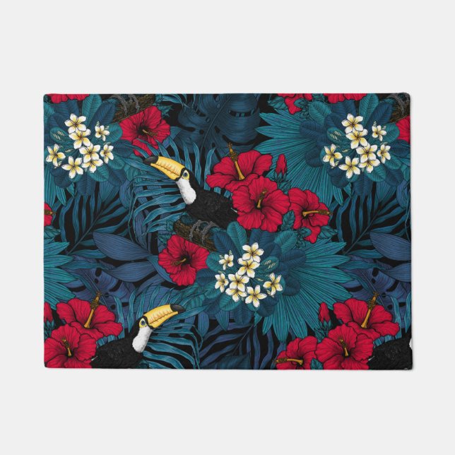 Toucans and tropical flora, green and red doormat (Front)