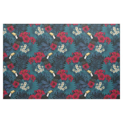 Toucans and tropical flora, green and red fabric