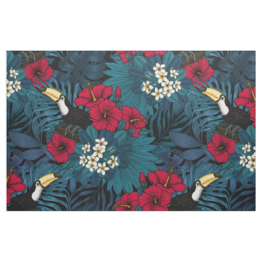 Toucans and tropical flora, green and red fabric