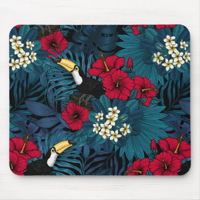 Toucans and tropical flora, green and red mouse pad (Front)