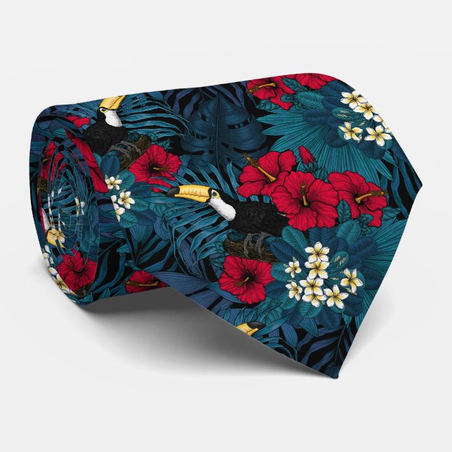 Toucans and tropical flora, green and red neck tie (Rolled)