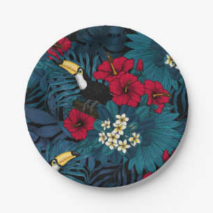 Toucans and tropical flora, green and red paper plates