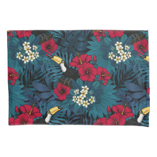 Toucans and tropical flora, green and red pillow case