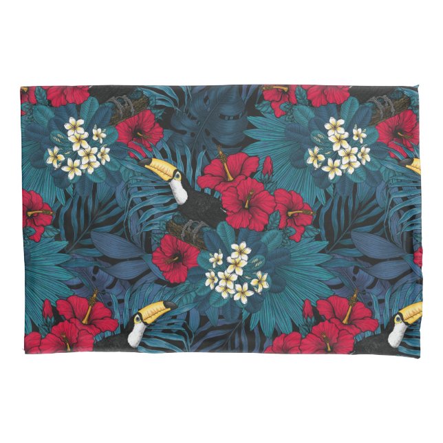 Toucans and tropical flora, green and red pillow case (Front-Left)