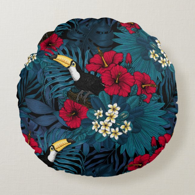 Toucans and tropical flora, green and red round pillow (Front)
