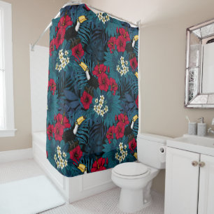 Toucans and tropical flora, green and red shower curtain