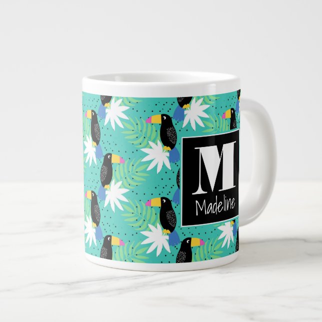 Toucans On Teal | Monogram Giant Coffee Mug (Front Right)