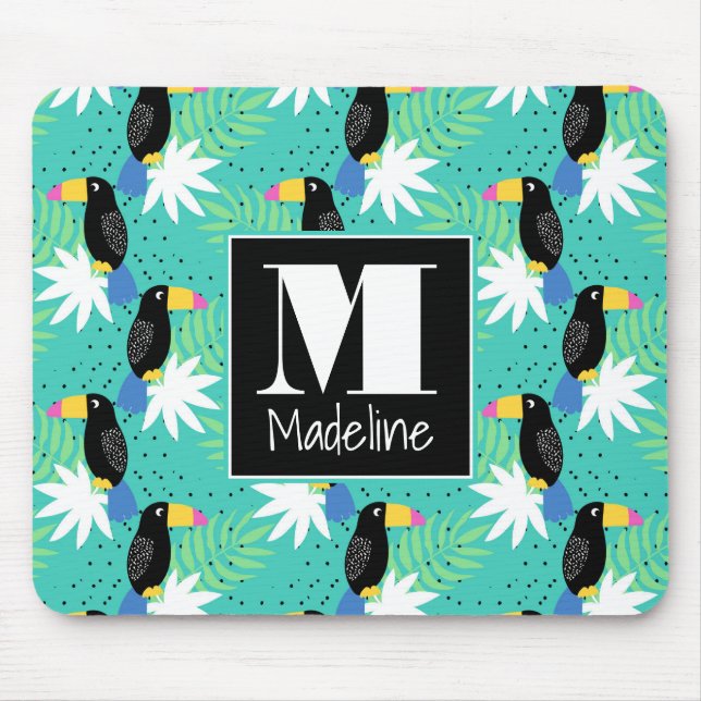 Toucans On Teal | Monogram Mouse Pad (Front)