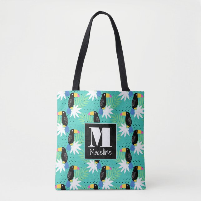 Toucans On Teal | Monogram Tote Bag (Front)