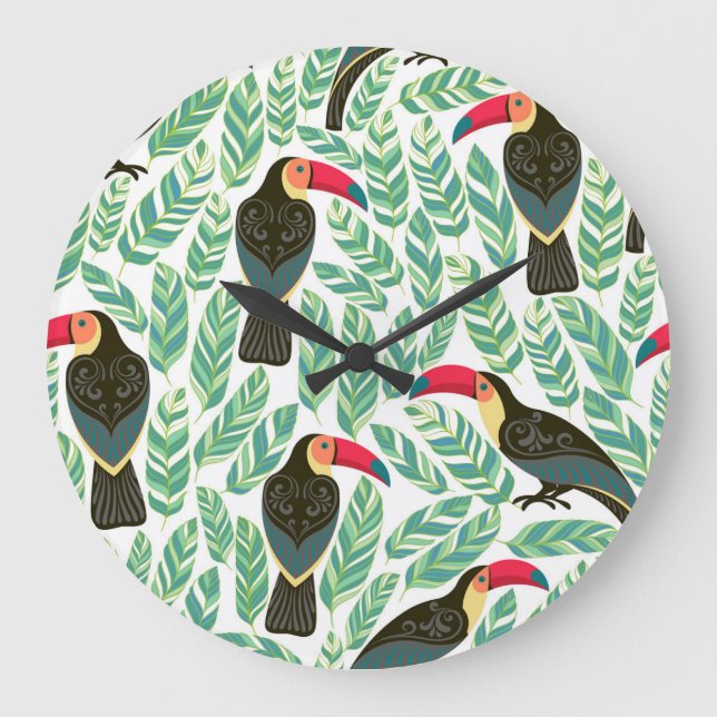 Toucans, tropical leaves, decorative pattern. large clock (Front)