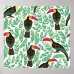 Toucans, tropical leaves, decorative pattern. poster