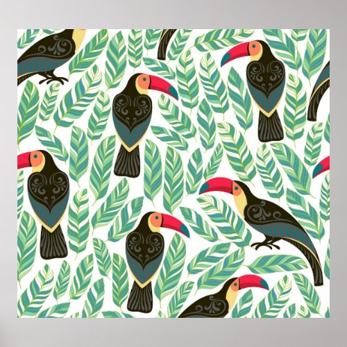 Toucans tropical leaves decorative pattern poster